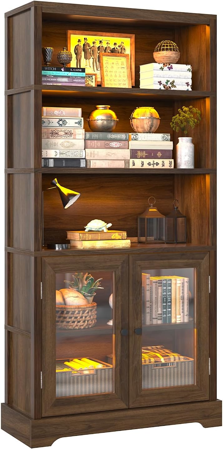 TVU 5-Tier Bookshelf, 65' Bookshelf with Multi-Color Ambient Lights (APP Remote Control), Tall Display Shelf with Cabinet Doors, Suitable for Living Room, Bedroom, Study, Office, Rustic Brown