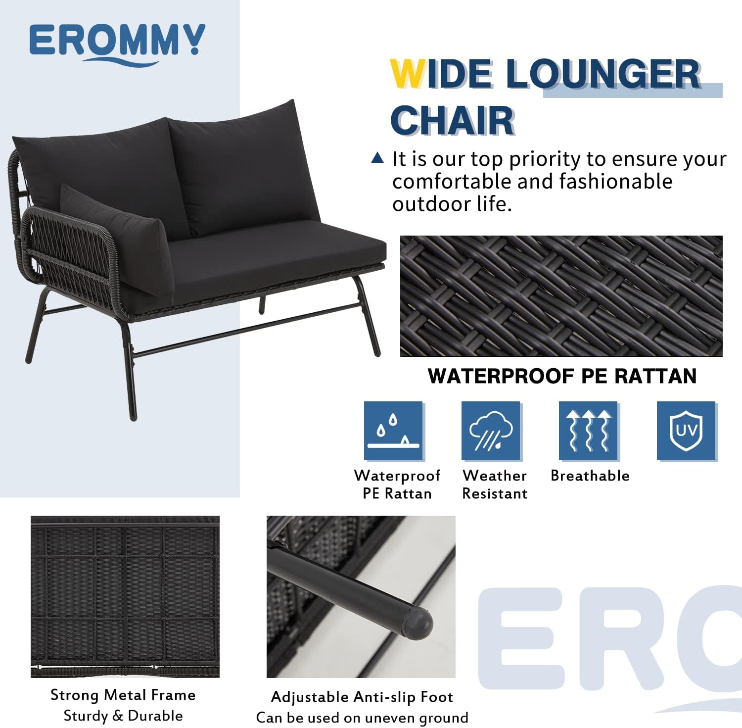 EROMMY 3 Piece Patio Conversation Sets, L-Shaped Sectional Patio Furniture Sofa Set with Thick Cushions and Toughened Glass Coffee Table for Backyard Balcony Garden Porch, Black
