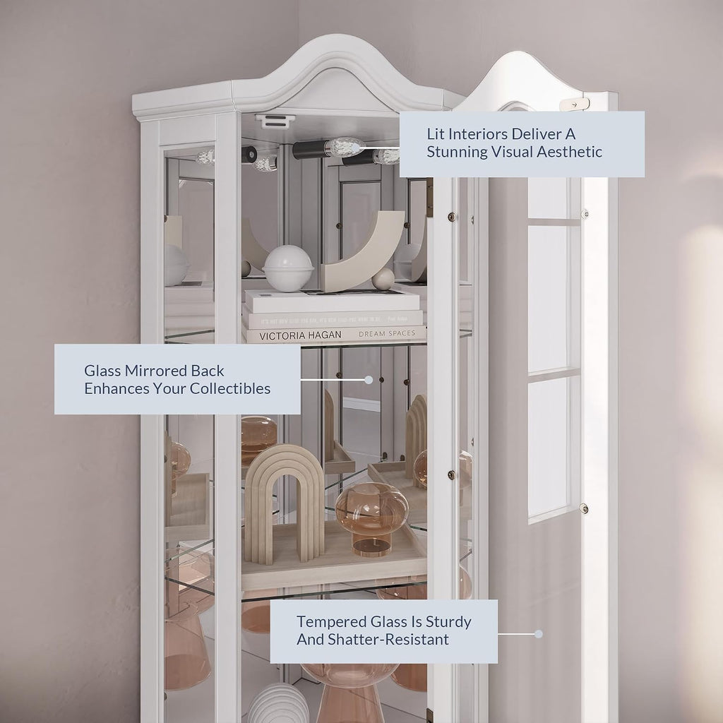 BELLEZE Lighted 3-Side Glass Display Curio Cabinet w/ Tempered Glass Doors and Shelves, Curved Wood Corner Cabinet with Bulb, Corner Storage Rack (White)