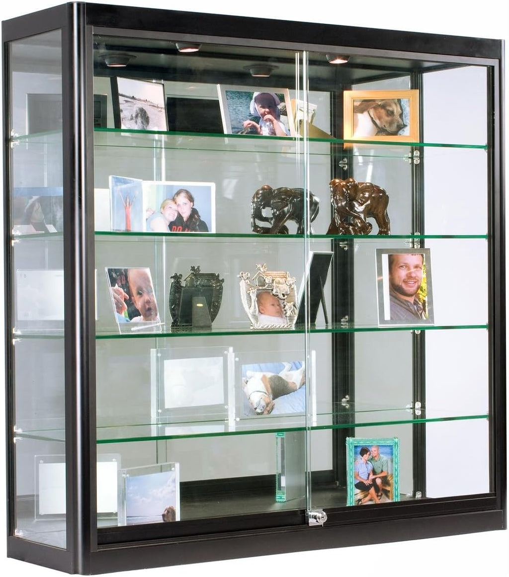 Displays2go Glass Retail Cabinet with LED Lighting, Four Tempered Glass Shelves, Sliding Lockable Doors, Aluminum Build – Black (WC3912LEDB)