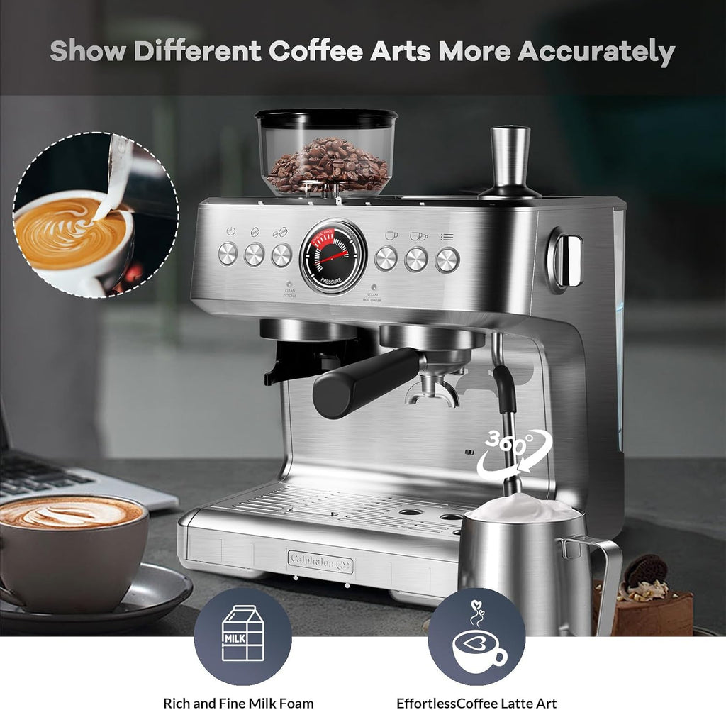 Espresso Machine with Grinder, 20 Bar Semi-Automatic Coffee Maker with Milk Frother Steam Wand, PID Temperature Control, 95 OZ Water Tank, for Cappuccino, Latte, Macchiato, Home Barista, Light Gray