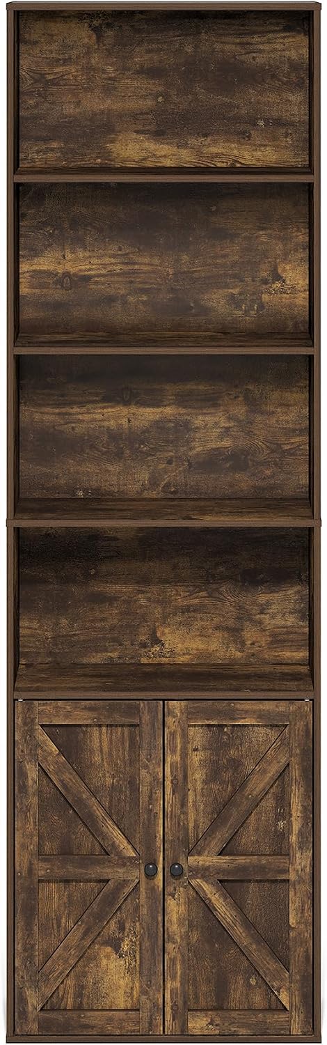 Furinno Jensen Book Shelf, 6-Tier Farmhouse Bookshelf, Display Bookcase with Doors, 9.2' x 21.6' x 71.2', for Organization and Storage, for Living Room, Bedroom, Home Office, Amber Pine
