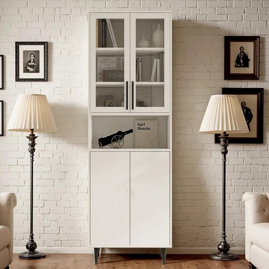 TUSY 70.9' H Bookshelf with Glass Doors, 5-Tier Display Curio Cabinet with Drawers, Narrow Display Bookcase for Home, Office, Clinic, Pantry (White, A)