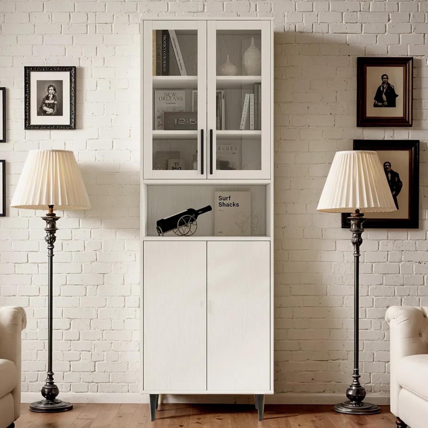 TUSY 70.9' H Bookshelf with Glass Doors, 5-Tier Display Curio Cabinet with Drawers, Narrow Display Bookcase for Home, Office, Clinic, Pantry (White, A)