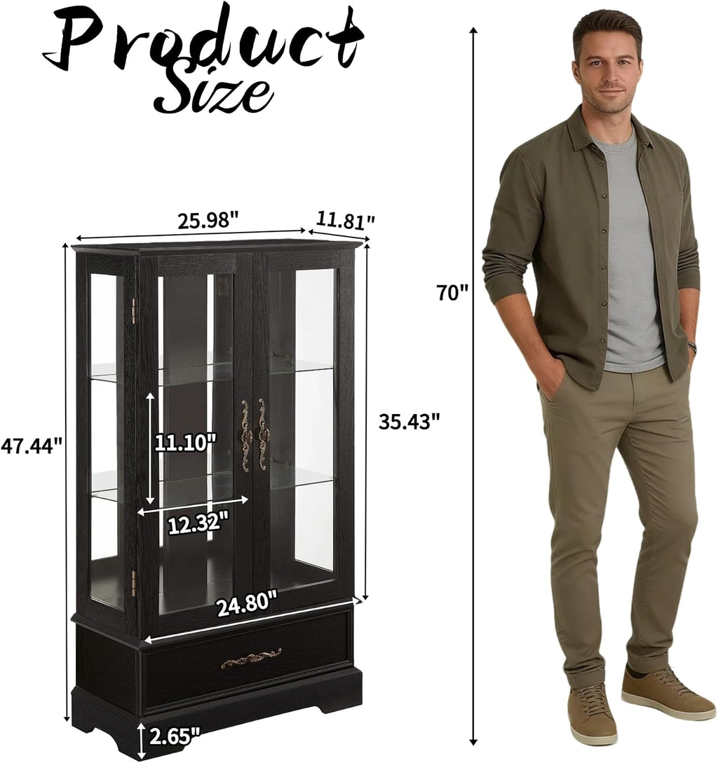 3-Tier Lighted Glass Curio Display Cabinet, 47' H Glass Accent Storage Cabinet with Adjustable Shelves & 1 Drawer, Wooden Wine Display Case with Mirrored Back Panel for Living Room (Black)