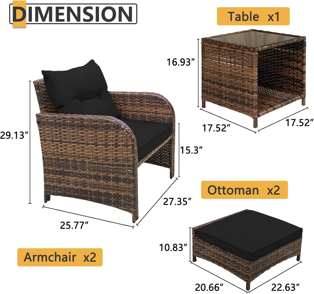 5 Pieces Wicker Outdoor Patio Chairs Set with Ottoman Patio Conversation Furniture Set with Ottoman Underneath All Weather Brown PE Rattan Balcony Furniture Set & End Table, Black Cushion