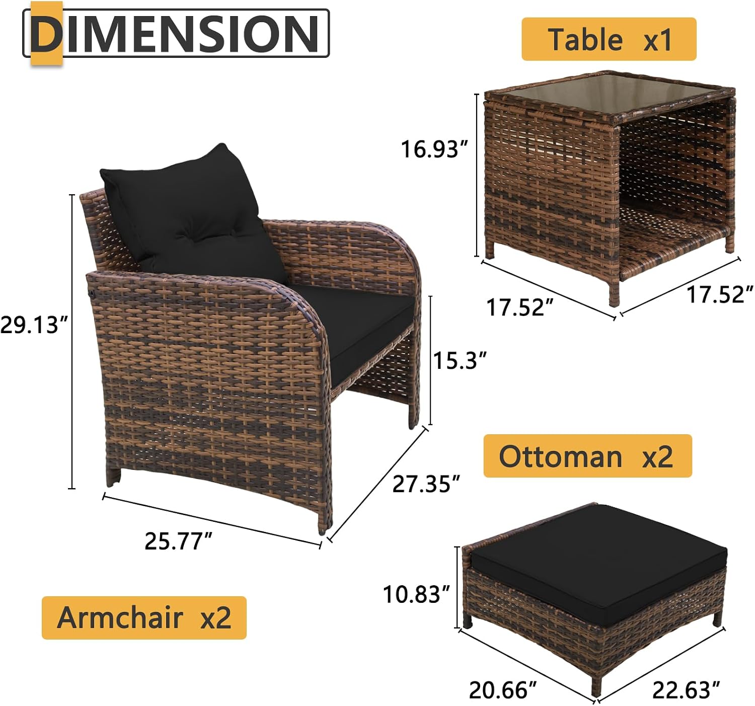 5 Pieces Wicker Outdoor Patio Chairs Set with Ottoman Patio Conversation Furniture Set with Ottoman Underneath All Weather Brown PE Rattan Balcony Furniture Set & End Table, Black Cushion