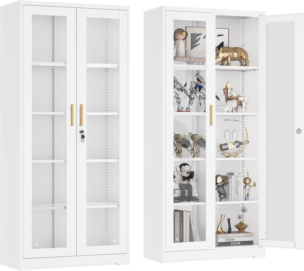 UNICOLY Lockable Display Cabinet with Glass Doors, Curio Cabinets with 4 Adjustable Shelves, Liquor Bookcase Bookshelf with Doors, Metal Storage Cabinet for Living Room Pantry, White