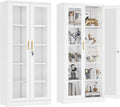 UNICOLY Lockable Display Cabinet with Glass Doors, Curio Cabinets with 4 Adjustable Shelves, Liquor Bookcase Bookshelf with Doors, Metal Storage Cabinet for Living Room Pantry, White
