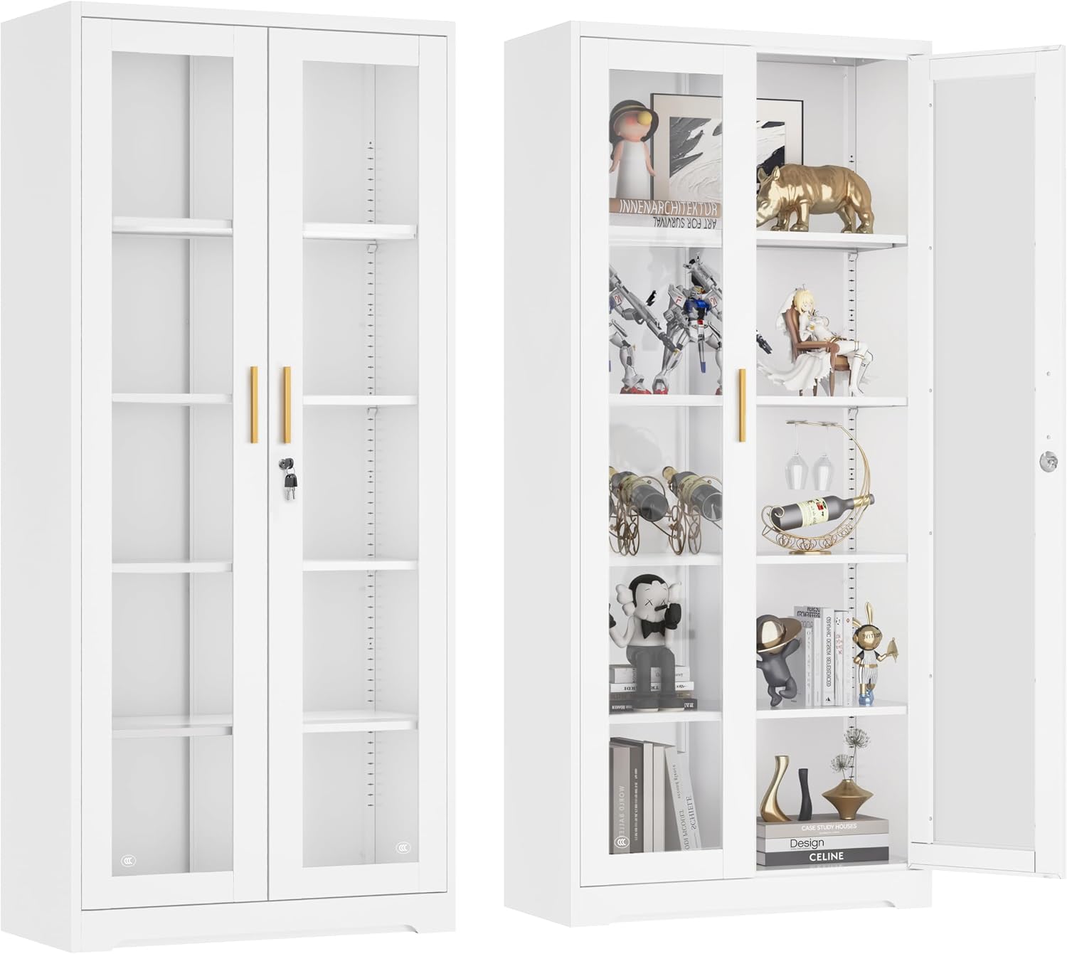UNICOLY Lockable Display Cabinet with Glass Doors, Curio Cabinets with 4 Adjustable Shelves, Liquor Bookcase Bookshelf with Doors, Metal Storage Cabinet for Living Room Pantry, White