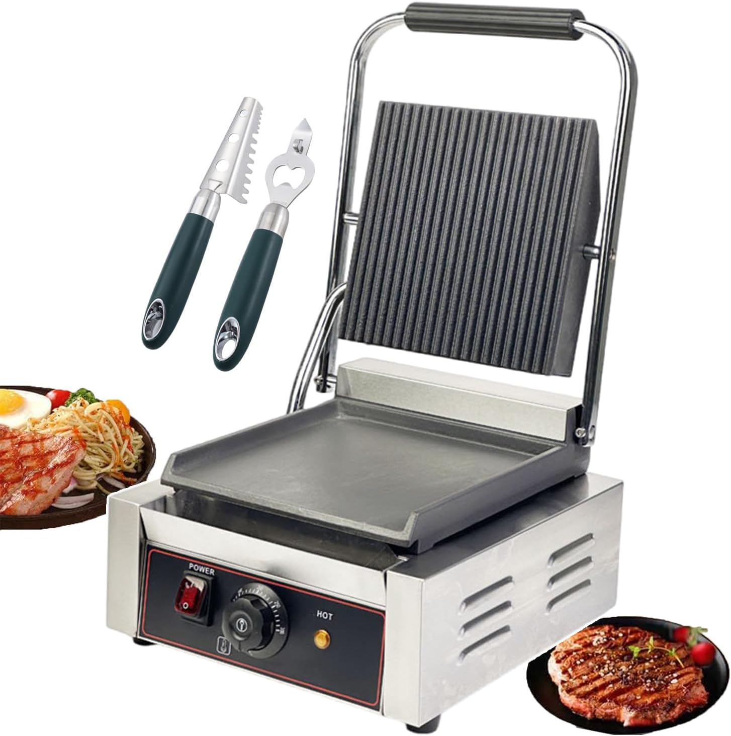 Electric Contact Grill with Adjustable Temp 50-300℃, Non-Stick Sandwich Toasters Sandwich Press For Outdoor Camping, Restaurant (Smooth)