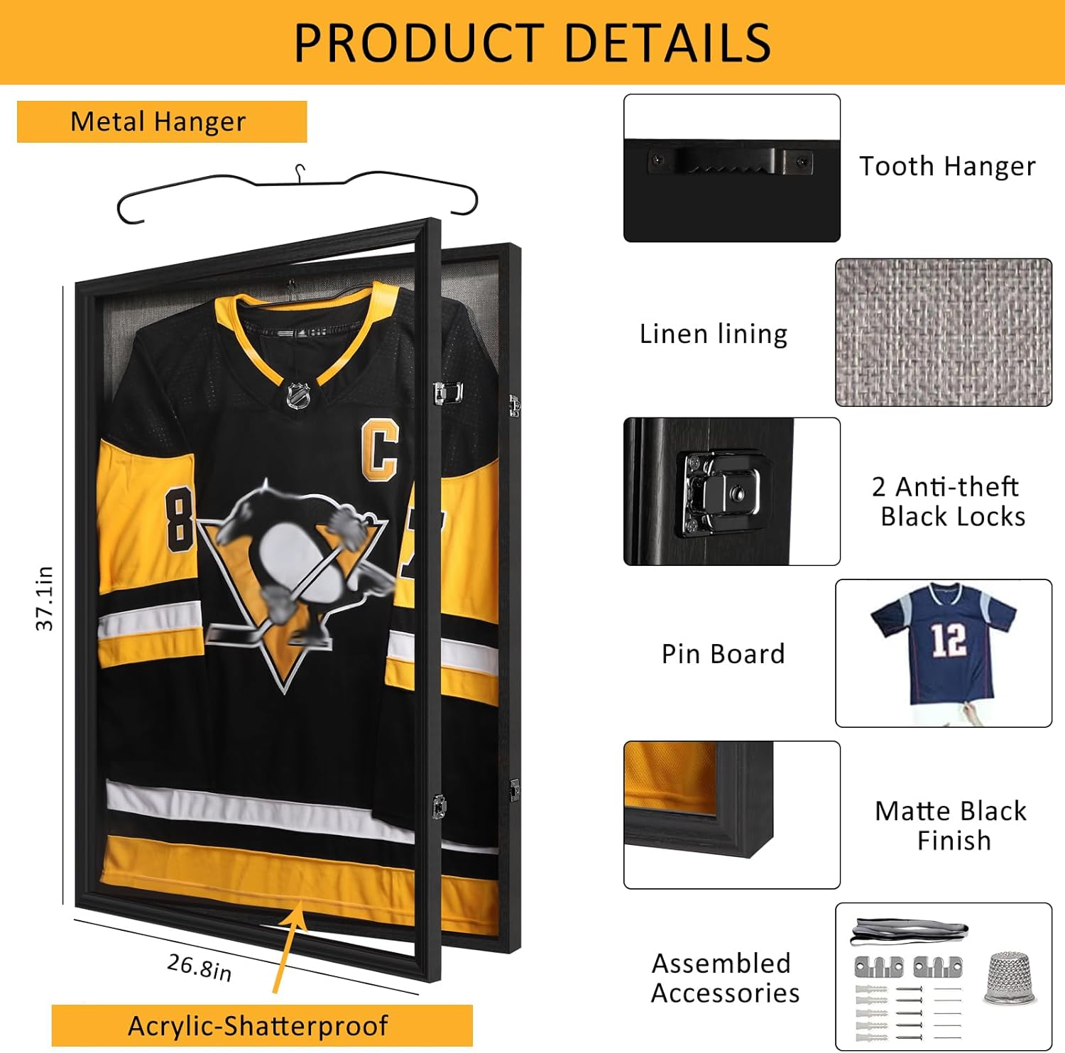 Large Jersey Frame Display Case, 26x37 Lockable Shadow Box Sports Jersey Frame with UV Protection Acrylic and Metal Hanger for Baseball Basketball Football Soccer Hockey XXL Shirt, Linen Black