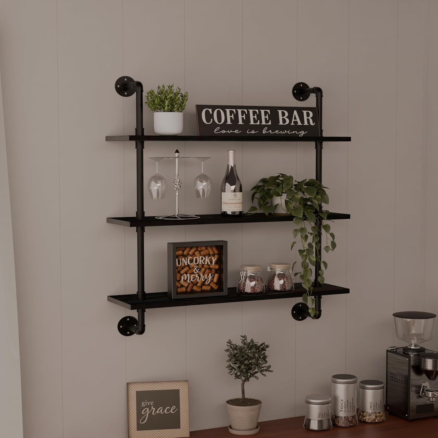 HDDFER Industrial Pipe Shelf Shelving Bookcase, Wall Mounted Rustic Bookshelf, Floating Bookshelves for Wall,Retro Wood Metal Pipe Industrial Shelves for Living Room