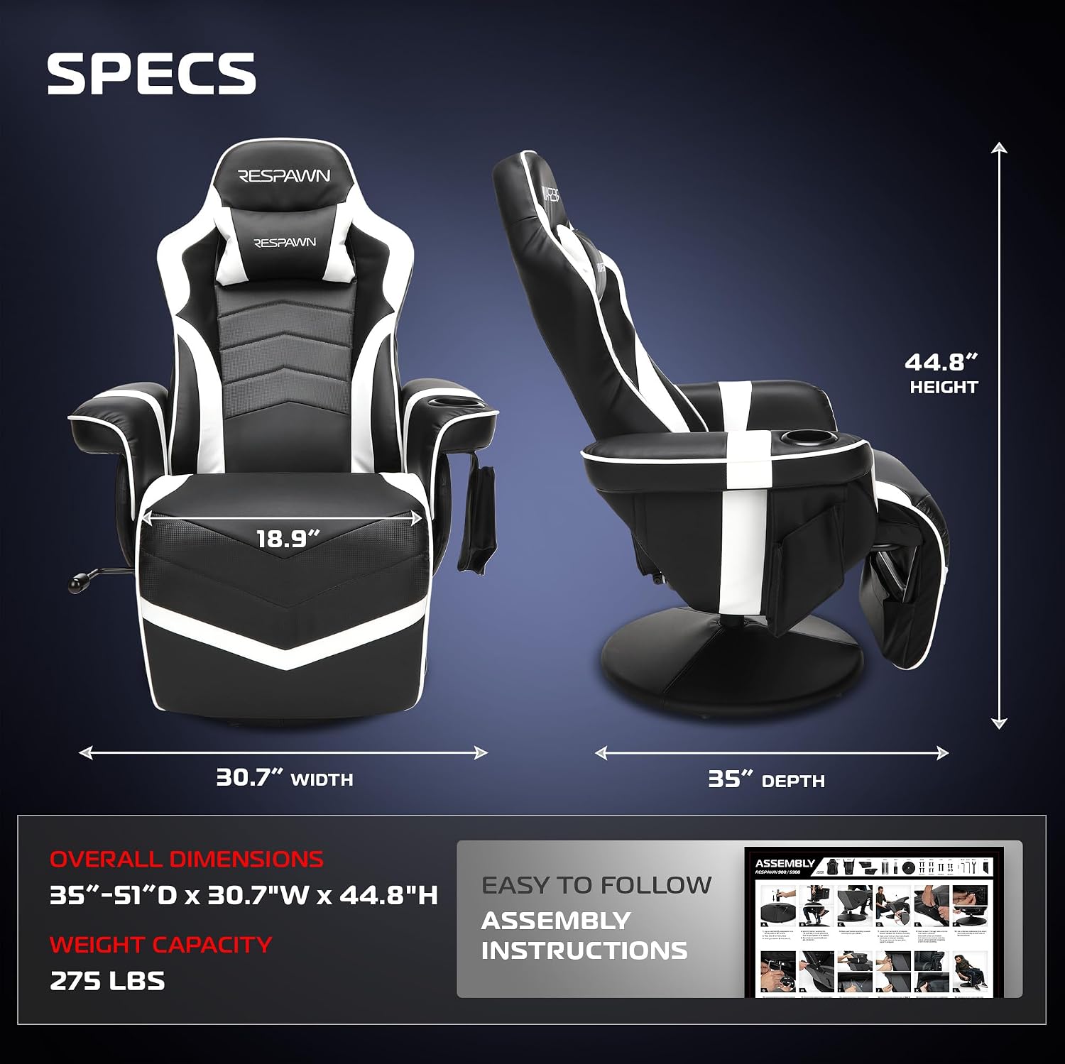 RESPAWN 900 Console Gaming Recliner with Footrest and Lumbar Support - Comfortable Ergonomic Gaming Chair with Headrest, No Wheels, Reclining, Heavy Duty, Racing Style Video Game Chairs - White