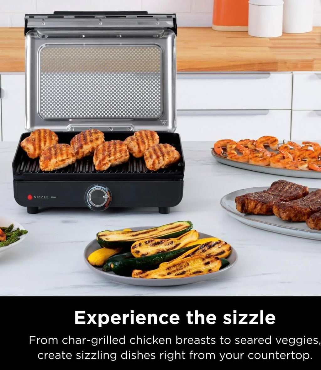 Niinjja Sizzle Indoor Grill, 500°F High Heat Kitchen Grill with Nonstick 14 Inch Plate, Low-Smoke Technology, Edge-to-Edge Heating, Family-Sized Capacity, Countertop Cooking Tool (GR100)