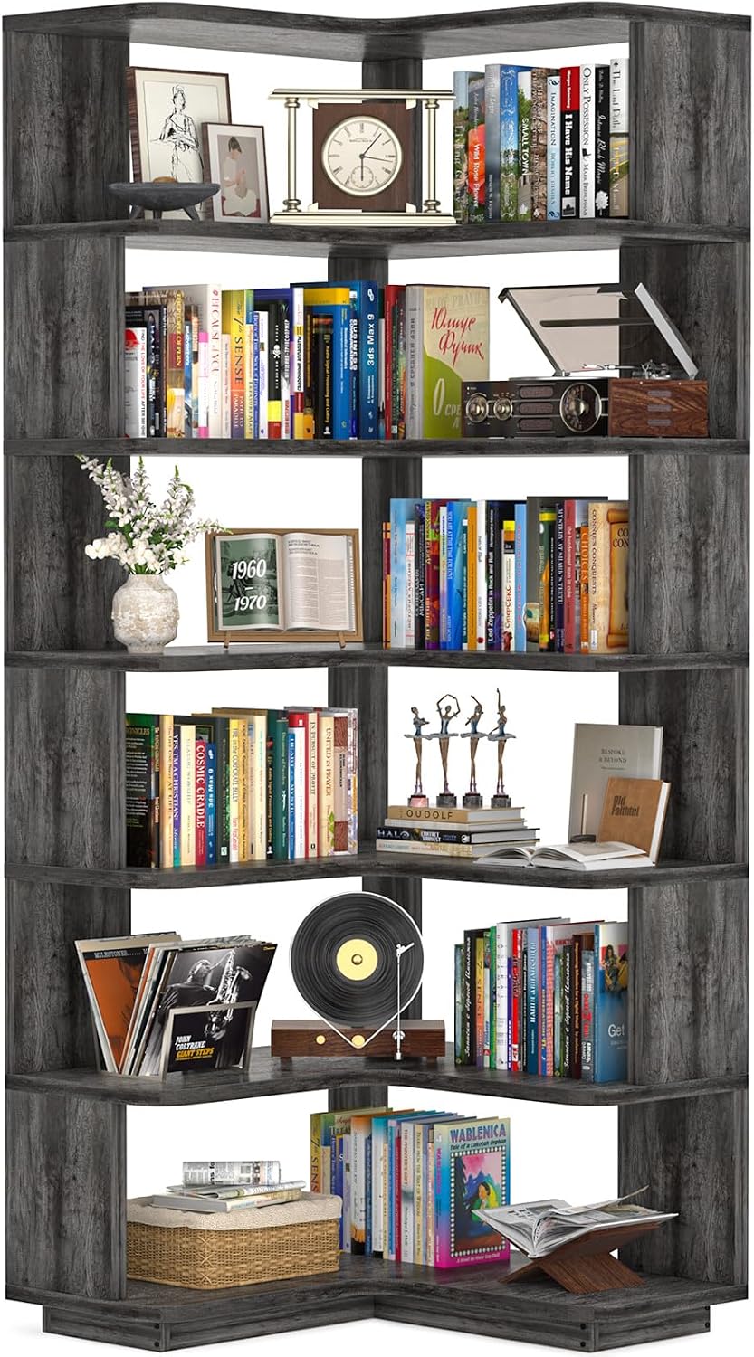 Armocity Corner Book Shelf - 7 Tier Corner Bookshelf Etagere Bookcase with Baffle, Freestanding L Shaped Display Shelf Stand for Home Office, Living Room, Bedroom, Kitchen, Grey Oak