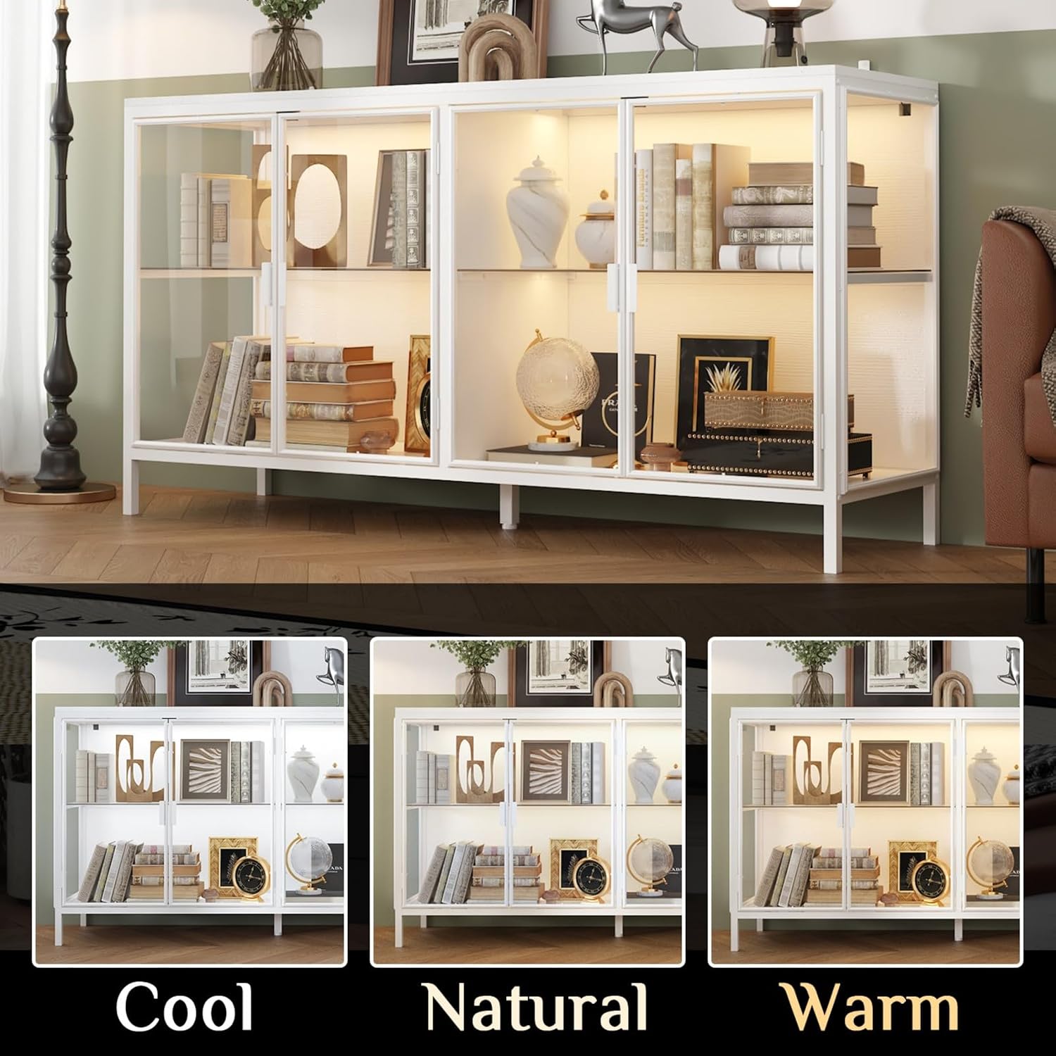 Display Cabinet with Glass Doors & LED Lights, Sideboard Buffet with Glass Shelves & Metal Frame, for Living Room White, 55.1'W x 15.7'D x 29.5'H