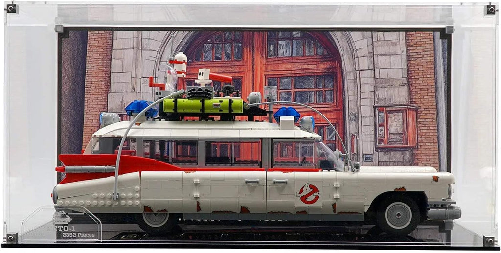 Display Case Compatible with Lego Ser 10274 - Ghostbusters ECTO-1 - Acrylic Dustproof Showcase with Pre-Printed Background - Set Not Included
