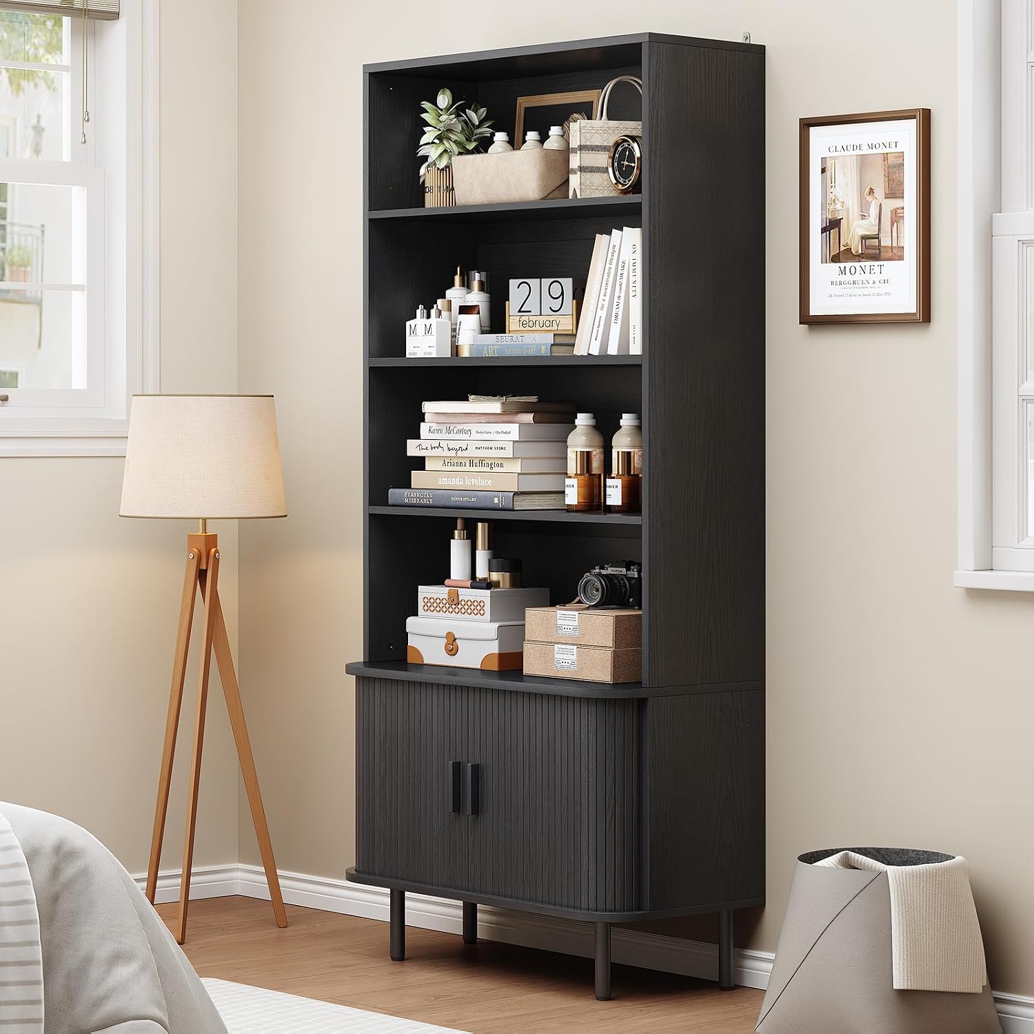 ONBRILL 71' Tall Bookshelf, 4-Tier Bookcase with Storage Cabinet & Adjustable Shelves, Floor Standing Wooden Bookshelf with Sliding Door and Adjustable Footpad, for Home Office, Living Room, Black