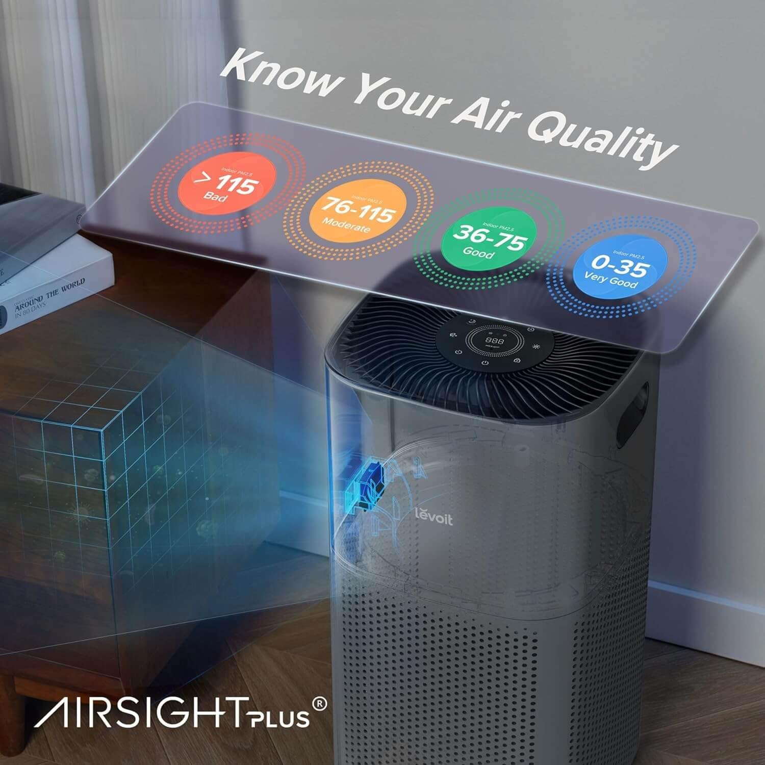 Levoit Air Purifiers for Home Large Room Up to 2933 Ft² With HEPA Sleep Mode, AHAM VERIFIDE, Smart WIFI, PM2.5 Monitor, 3-in-1 Filter For Smoke, Pet Allergies, Dust, Alexa Control, Core 600S-P, Grey