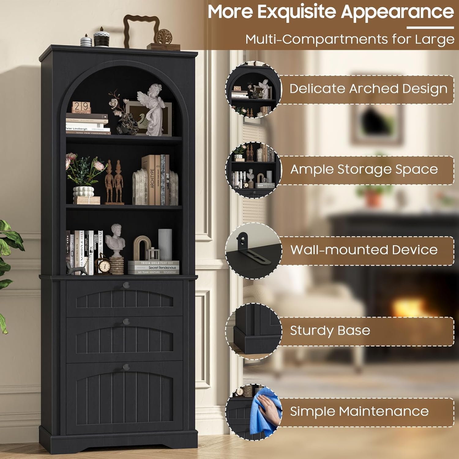 Bookshelf with File Drawers for Letter/A4/Legal Size Hanging Files, 68' Tall Farmhouse Bookcase with 3-Tier Open Shelves, Wood Floor Display Storage Cabinet for Home Office, Living Room, Rustic Black