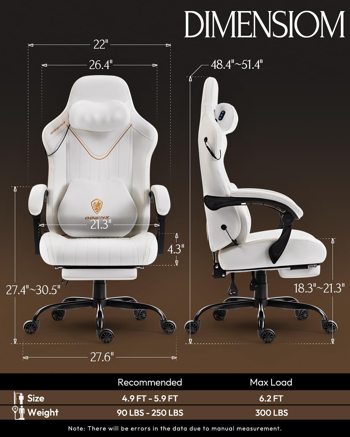 Dowinx Gaming Video Gaming Chair with Shiatsu Neck Massager and Lumbar Support for Home Office High Back Recliner Height Adjustable Ergonomic Comfy Leather Computer Desk Chair (Lvory)