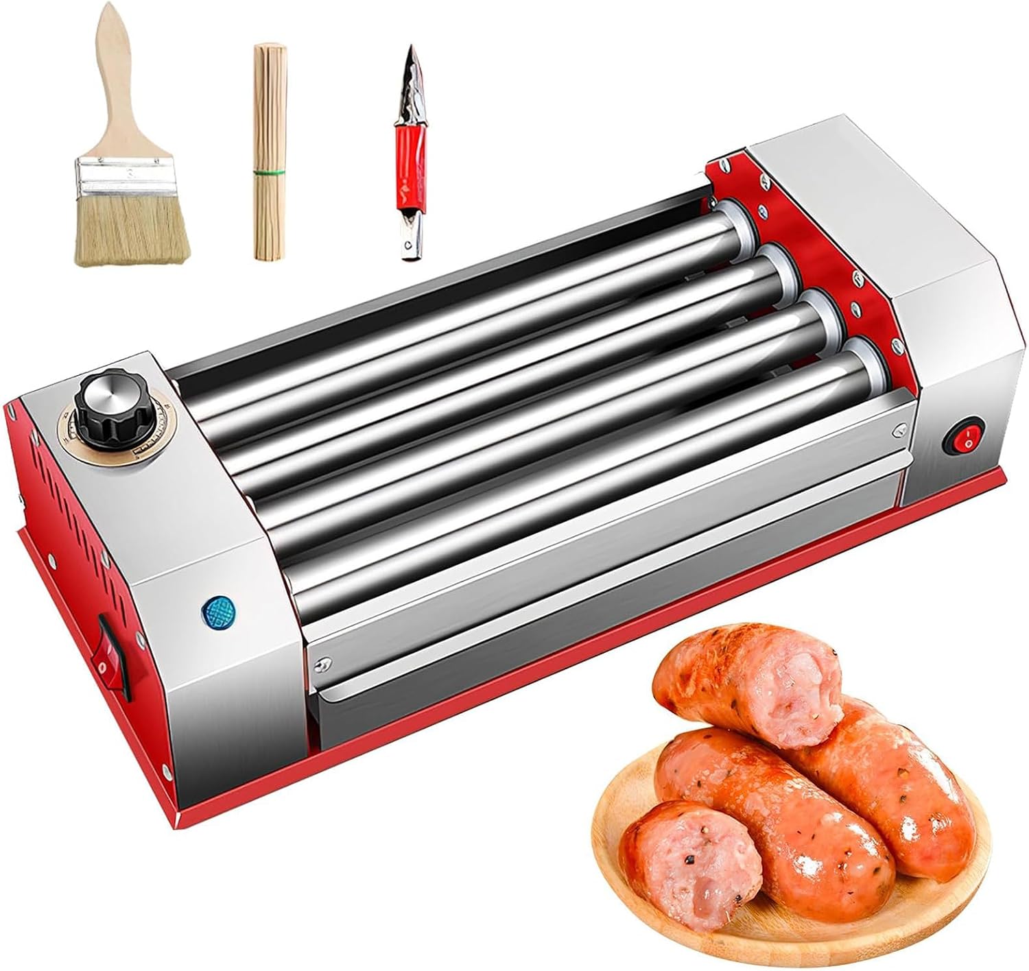 Hot Dog Roller, 4 Rollers 8 Hot Dogs Capacity 600W Stainless Sausage Grill Cooker Machine with 0-250℃ Control Knob Automatic Electric Contact Grills Separate Oil Pan