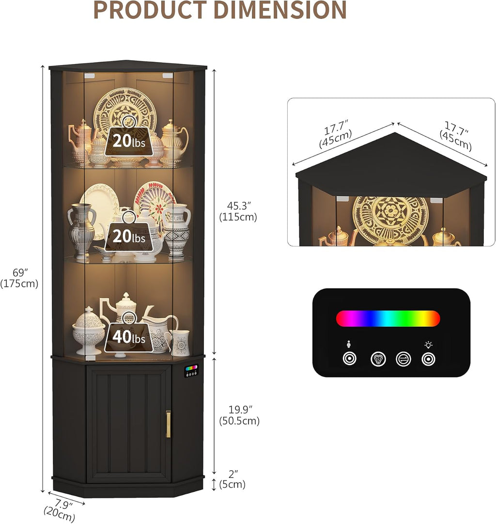 Lvifur 69' Corner Display Cabinet with RGB Lights,3-Tier Movable Glass Shelves,Curio Display with Human Body Sensor,Bookcase with Storage Cabinet for Toys,Books,Collectibles,Liquor,Black
