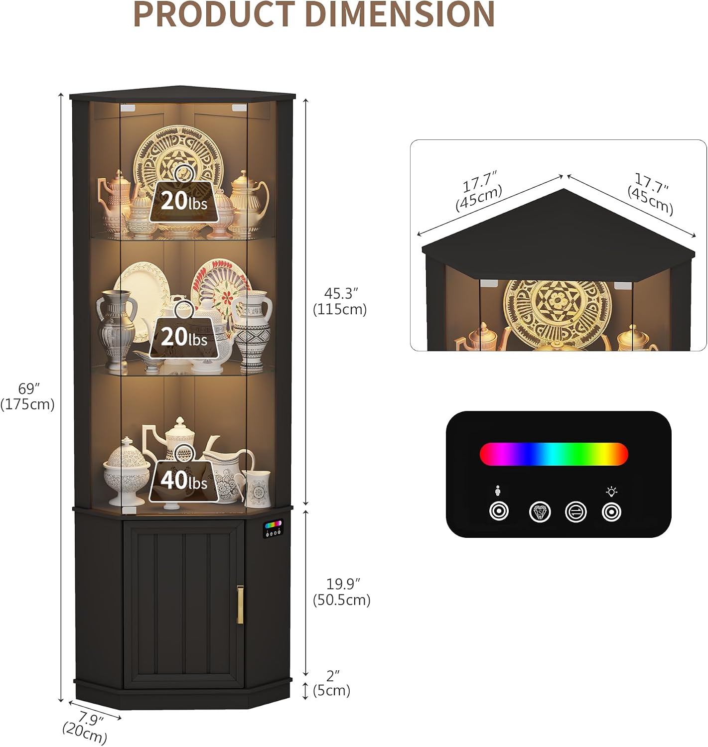 Lvifur 69' Corner Glass Display Cabinet with RGB Lights,3-Tier Movable Glass Shelves,Curio Display with Human Body Sensor,Bookcase with Storage Cabinet for Toys,Books,Collectibles,Liquor,Black