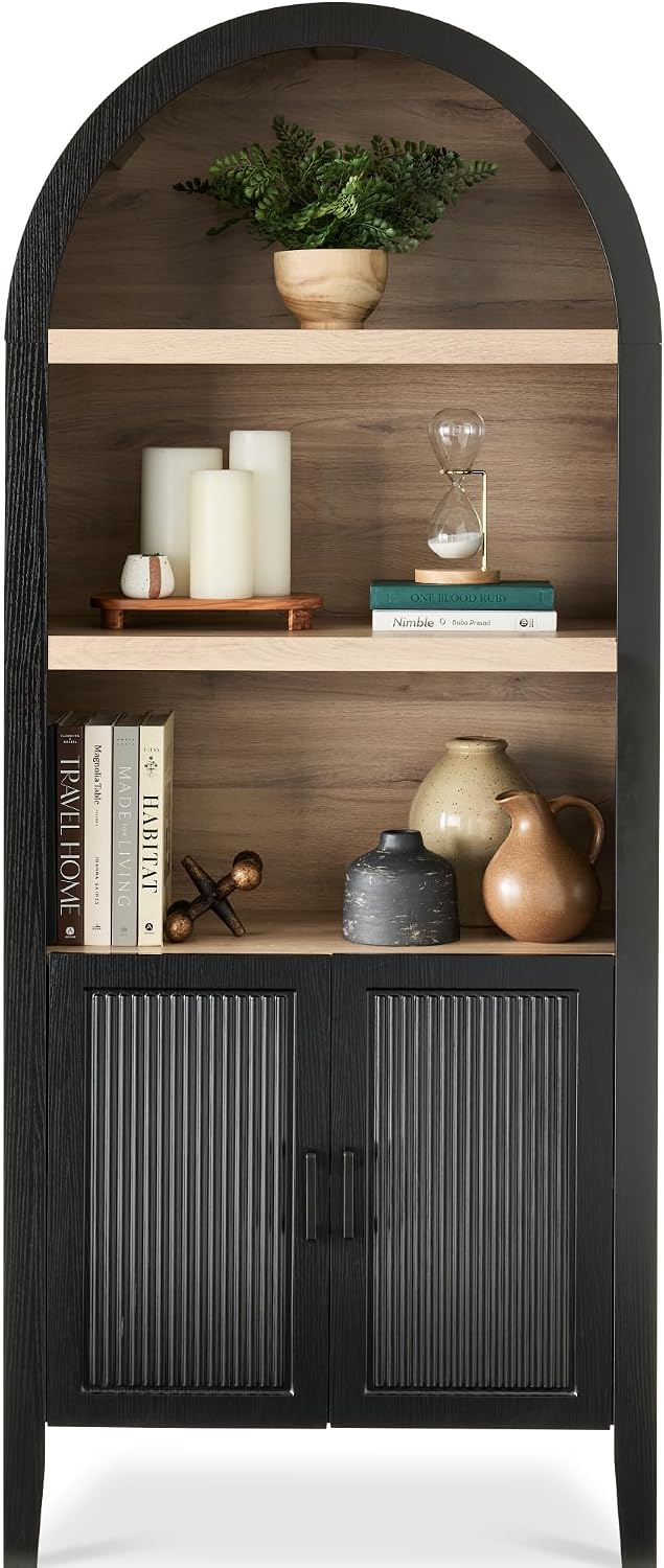Best Choice Products 72' Tall Arched Pantry Cabinet w/Reeded Doors, 5-Tier Bookshelf, Armoire, Hutch, Bookcase, Storage Cabinet w/Adjustable Shelves, for Dining Room and Livingroom - Black Oak