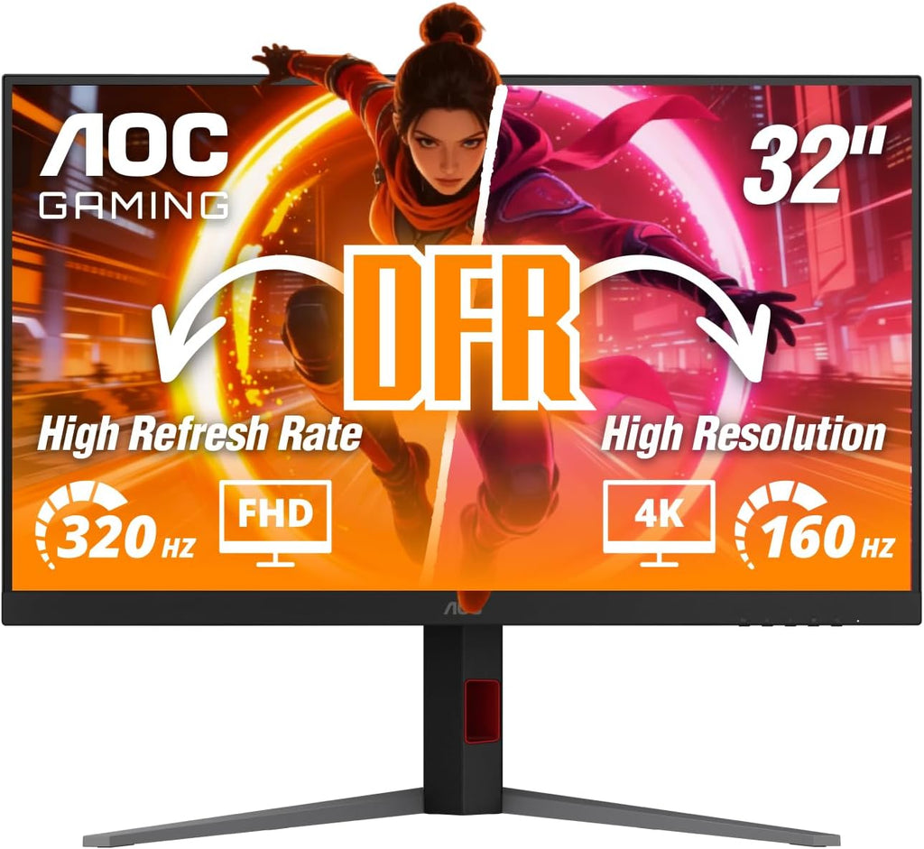 AOC 32 inch 4K Gaming Monitor, UHD 3840×2160 160Hz / FHD 320Hz Dual Mode, IPS Panel, 0.5ms MPRT, HDMI 2.1, DisplayPort 1.4, G-Sync Compatible, Height Adjustable Stand, U32G4