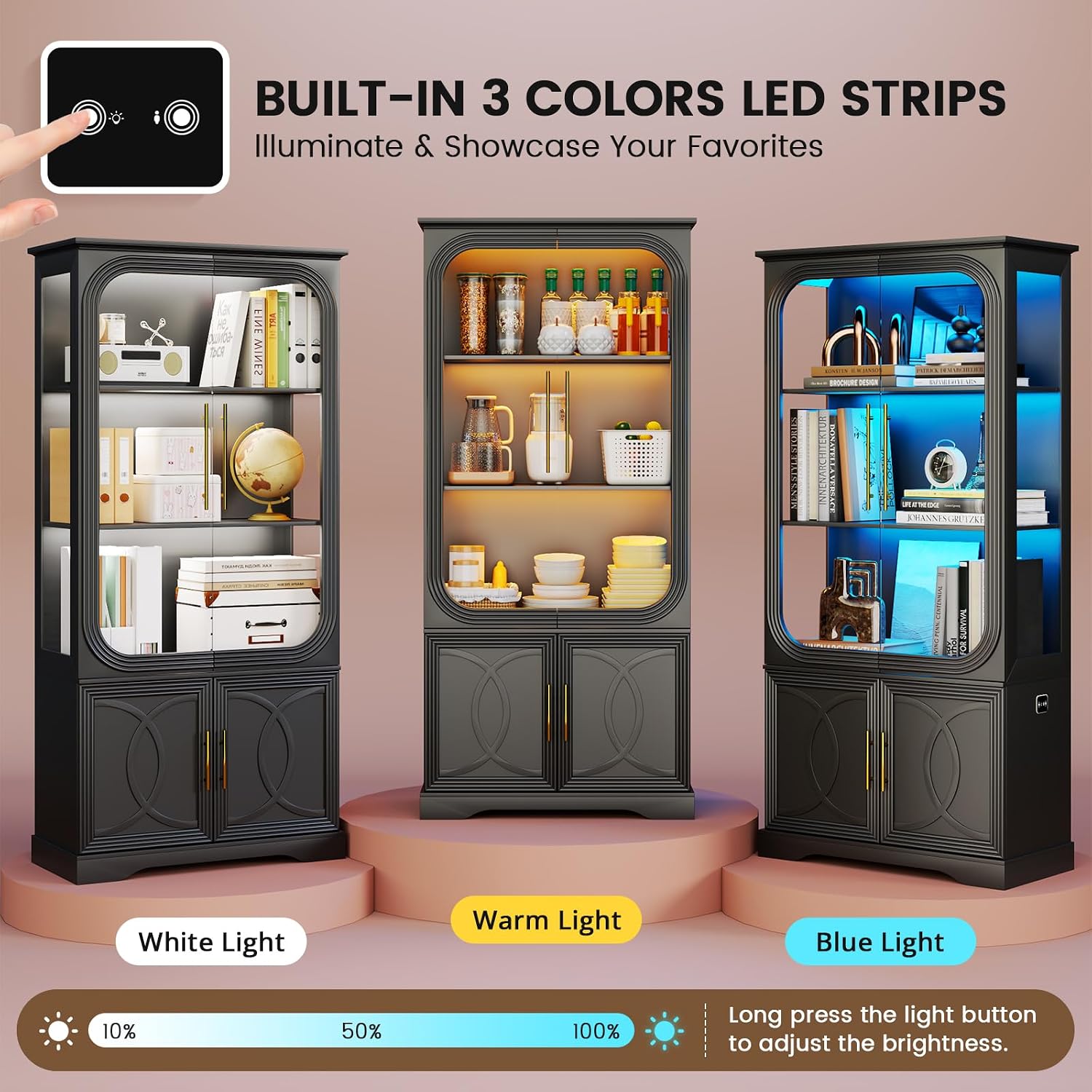 Lareth Display Cabinet with Glass Doors, 69 in Tall Bookcase with LED Lights, Curio Storage Cabinet, 5 Tier Glass Display Case for Living Room, Home Office, Kitchen, Black-2Pcs