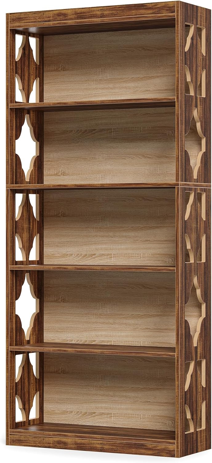 LITTLE TREE 69.9' Vintage Bookshelf, 5-Tier Tall Bookshelves, Cutout Design Vertical Bookcase, Freestanding Storage Display Shelf for Living Room, Bedroom, Study, Office, 1 Pack