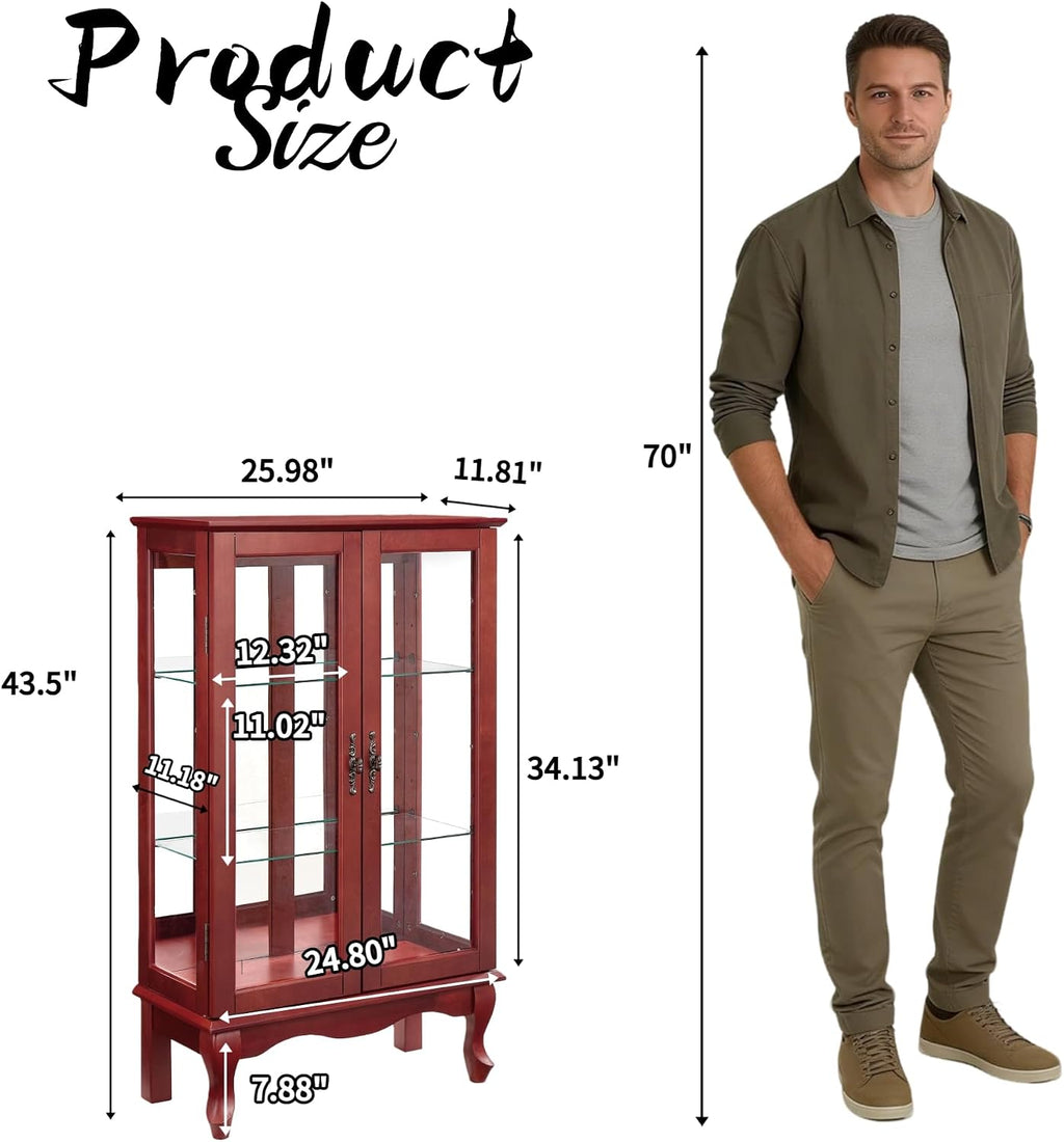 43'H Lighted Display Curio Cabinet, 3-Tier Glass Accent Storage Cabinet Curio Showcase w/ 2 Doors & Adjustable Shelves, Wine Artwork Storage Rack w/ Mirrored Back Panel for Living Room (Cherry)