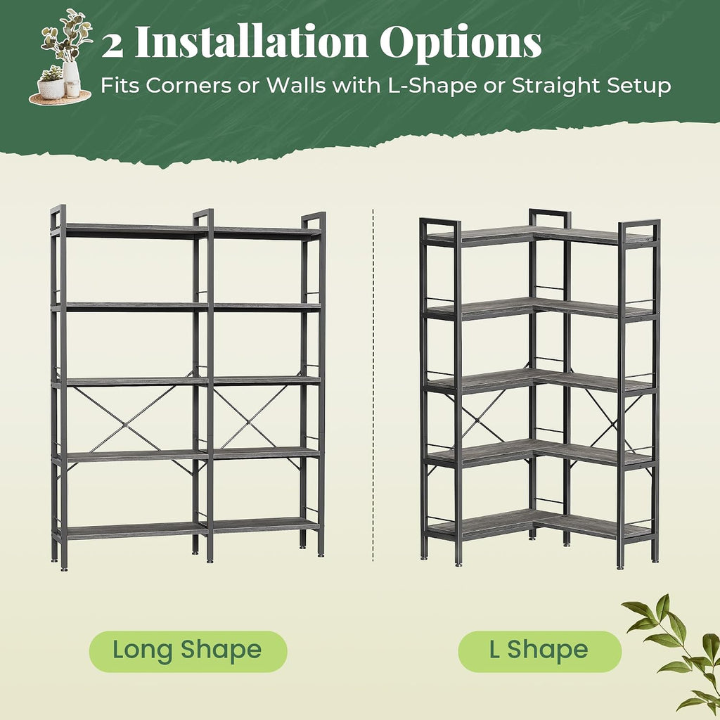 Huuger 5 Tier Bookshelf, L Shaped Corner Bookshelf with 10 Open Shelves, 49.4 Inch Straight Wide Bookcase with Metal Frame and Wooden Board, Adjustable Feet, Grey