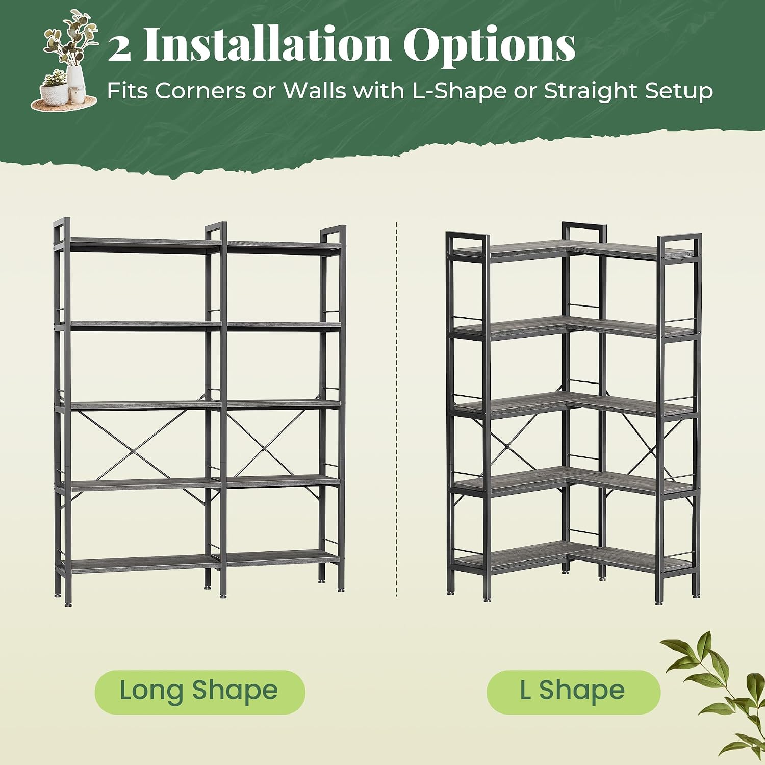 Huuger 5 Tier Bookshelf, L Shaped Corner Bookshelf with 10 Open Shelves, 49.4 Inch Straight Wide Bookcase with Metal Frame and Wooden Board, Adjustable Feet, Grey