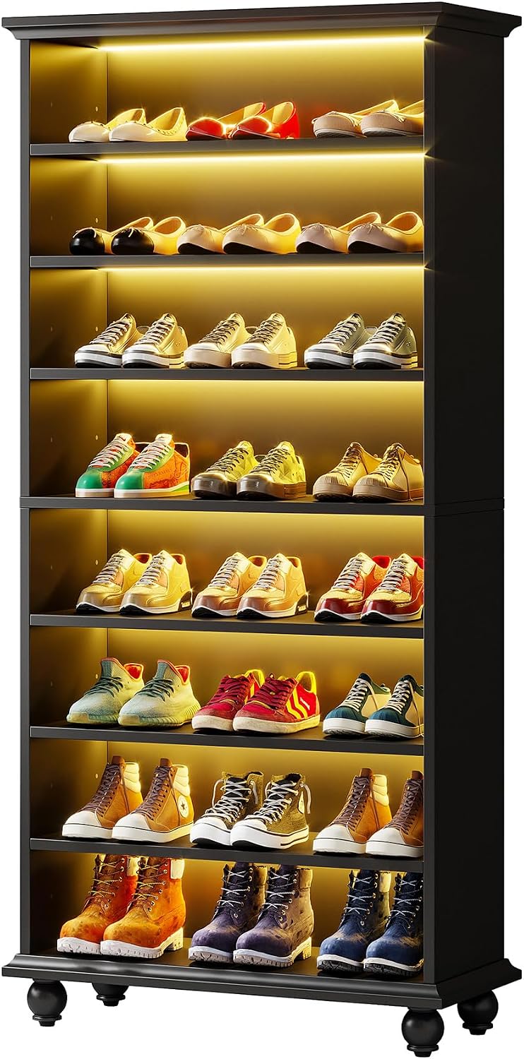 Tribesigns Narrow Tall Shoe Cabinet with LED Lighting, 9-Tier 30 Pairs Freestanding Shoes Storage Cabinet, Wood Shoe Organizer Cabinet with Solid Wooden Legs for Entryway (2, Black)