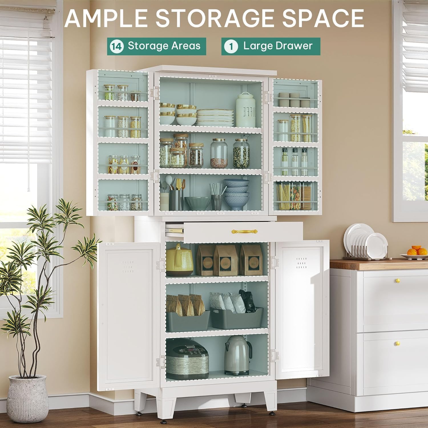 YITAHOME 71' Metal Kitchen Pantry Storage Cabinet with 4 Doors, 4 Adjustable Shelves, 1 Drawer and 8 Door Racks, Tall Freestanding Steel Cupboard for Home Kitchen Living Dining Room, White