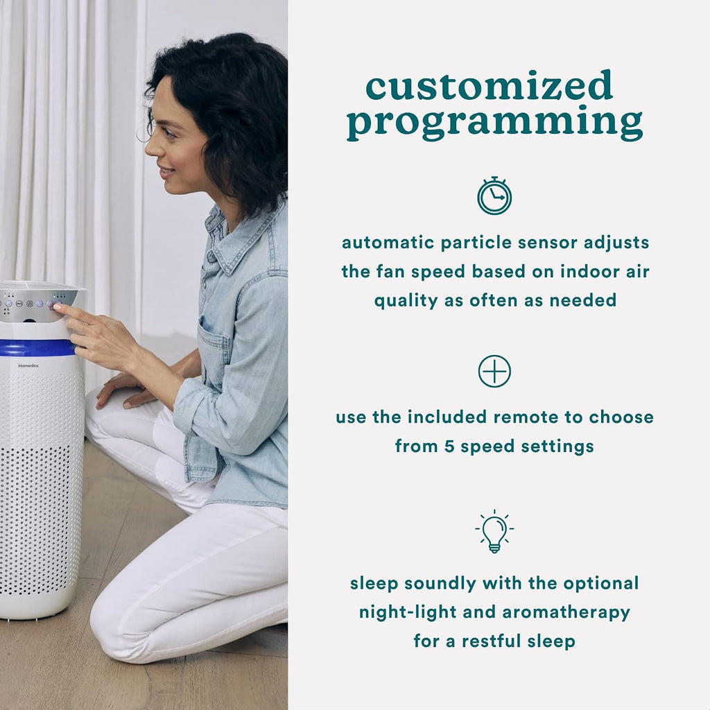 Homedics 5-in-1 UV-C Air Purifier - 360-Degree HEPA Filter for 1,593 Sq Ft, Extra Large Air Purifiers for Bedroom and Home, Essential Oil Pads, Built-In Timer, 5 Speed Settings for Large Rooms, White