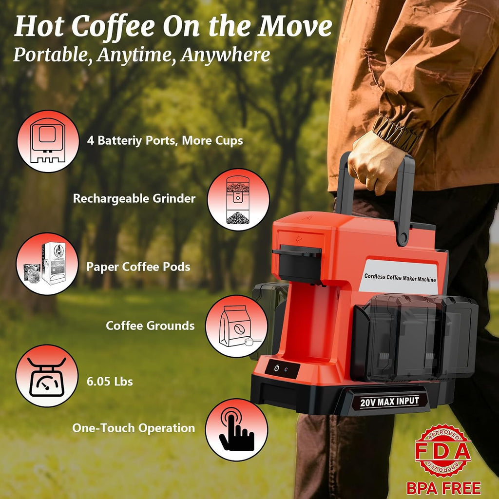 Cordless Coffee Maker for Milwaukee 18V Battery, 3 Brewing Options Drip Coffee Maker with Coffee Grinder, Portable Single Serve Coffee Makers for Camping, Travel, and Jobsite. (Tool Only)