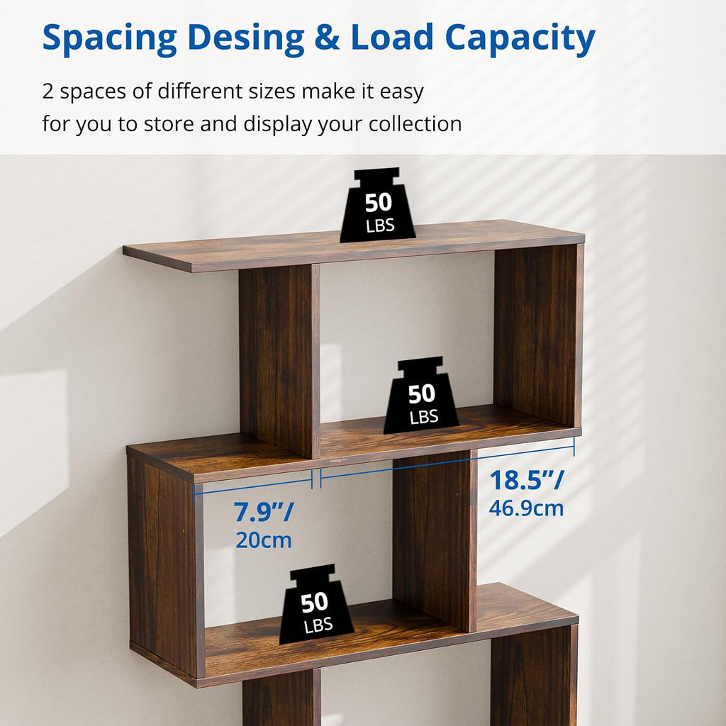 Cozy Castle Set of 2 Geometric Bookcase, S-Shaped Modern Bookshelf, Room Divider Bookshelf, 62' Tall Unique Abstract Bookcase with 5-Tier Display Shelf for Living Room Office, Rustic Brown