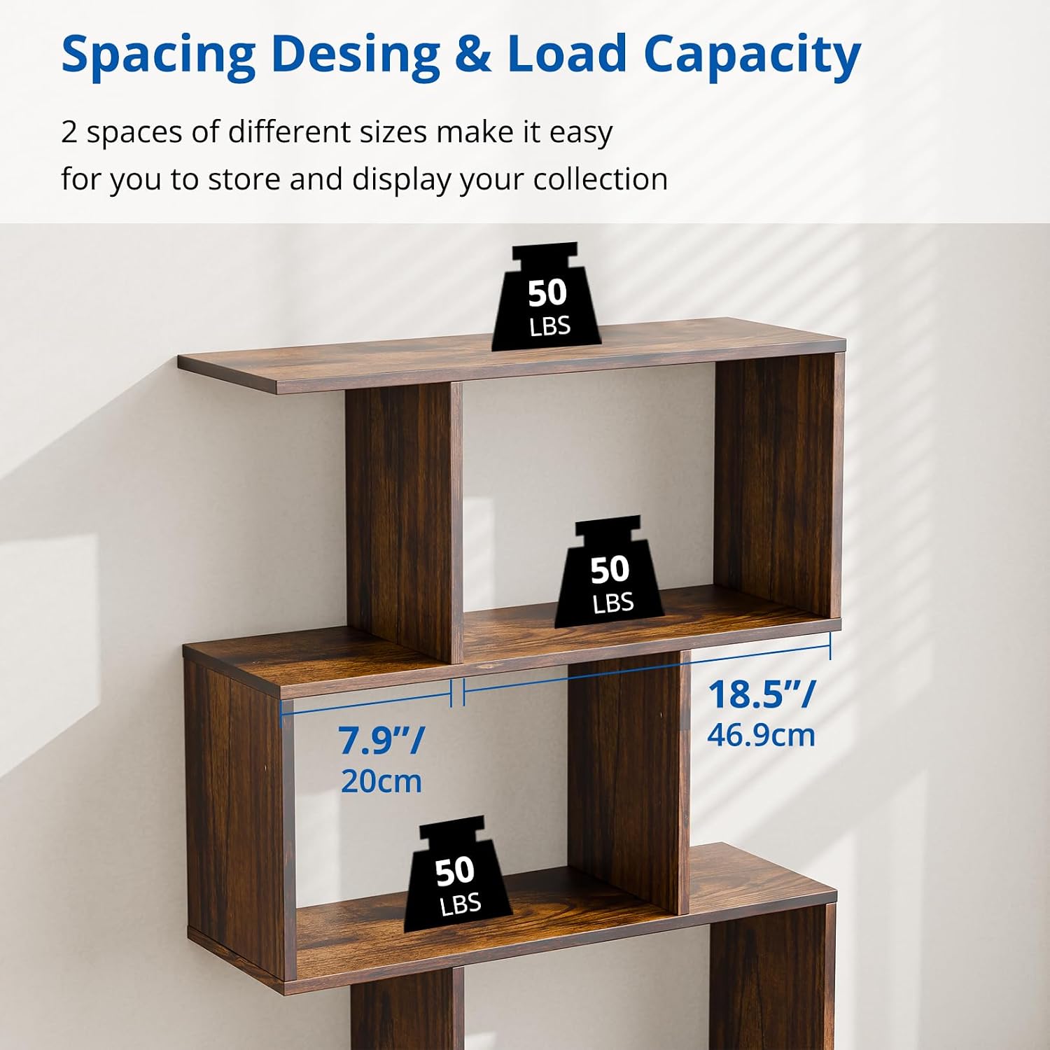 Cozy Castle Set of 2 Geometric Bookcase, S-Shaped Modern Bookshelf, Room Divider Bookshelf, 62' Tall Unique Abstract Bookcase with 5-Tier Display Shelf for Living Room Office, Rustic Brown
