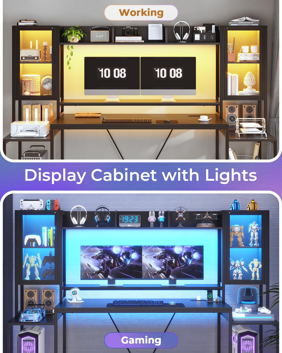 SEDETA Gaming Desk 74.8'' with LED Lights, Hutch and Storage Shelves, Computer Desk with Monitor Stand, Large PC Gamer Desk Workstation, Ergonomic Gaming Table for Bedroom, Living Room, Black