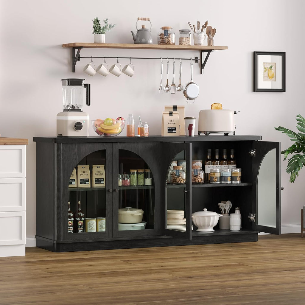 ONBRILL 63 Inch Sideboard Buffet Cabinet, Modern Arched Buffet with Glass Doors, Large Curved Cabinets with Storage, Console Credenza w/Adjustable Shelves for Living Room, Kitchen, Entryway, Black