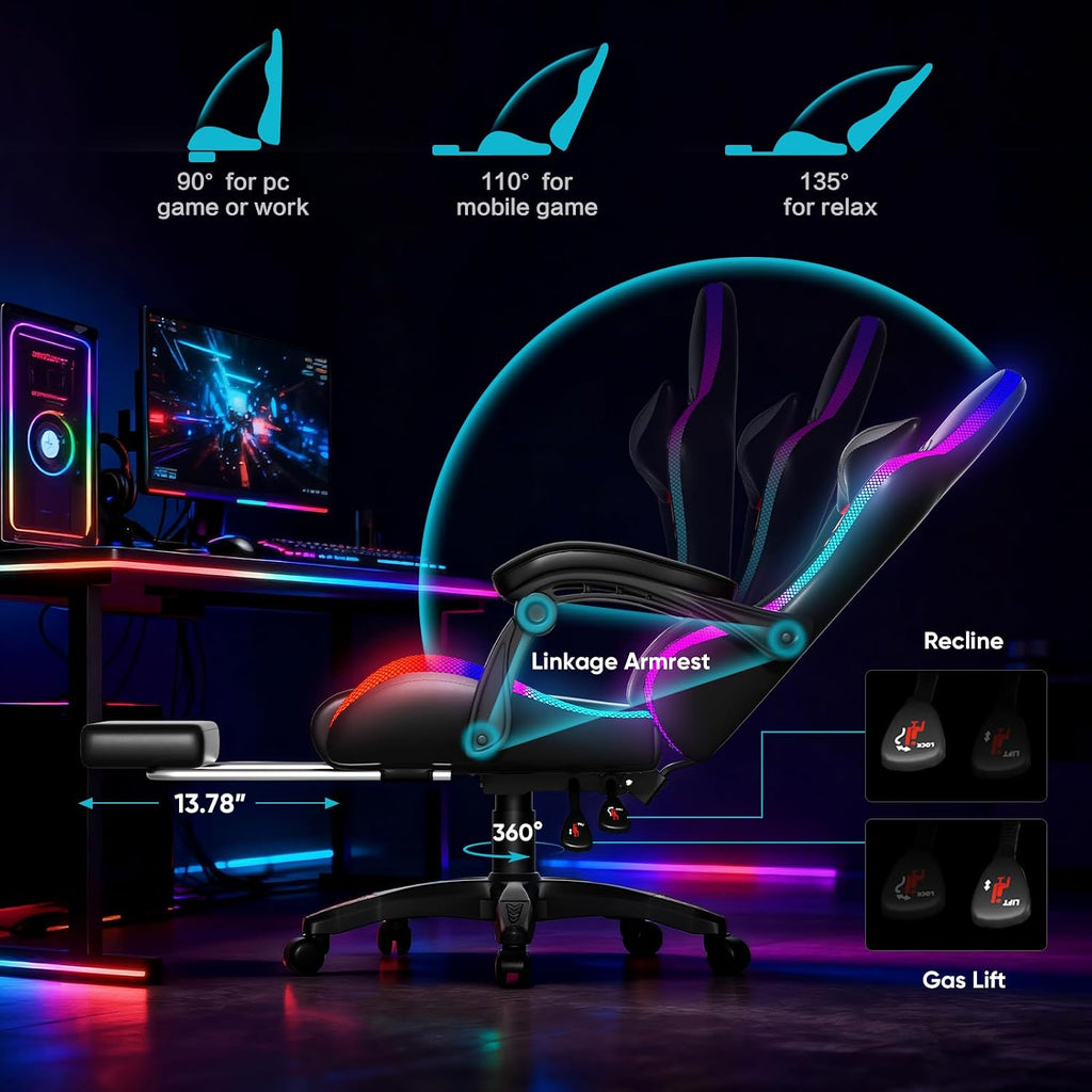 Czlolo Gaming Chair, Racing Style RGB LED Lights Gaming Chairs for Adults and Kids, Lumbar Massager Gamer Chair, High Back Reclining Computer Chair with Footrest and Headrest (Black/Gray)