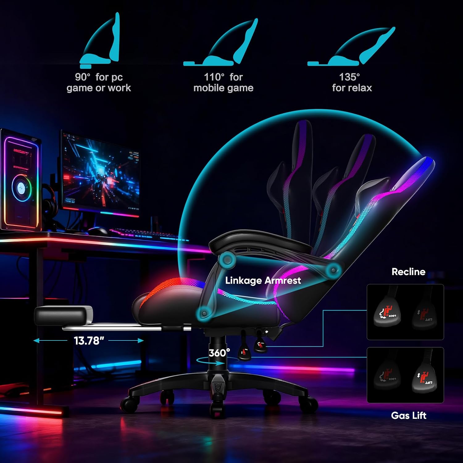 Czlolo Gaming Chair, Racing Style RGB LED Lights Gaming Chairs for Adults and Kids, Lumbar Massager Gamer Chair, High Back Reclining Computer Chair with Footrest and Headrest (Black/Gray)