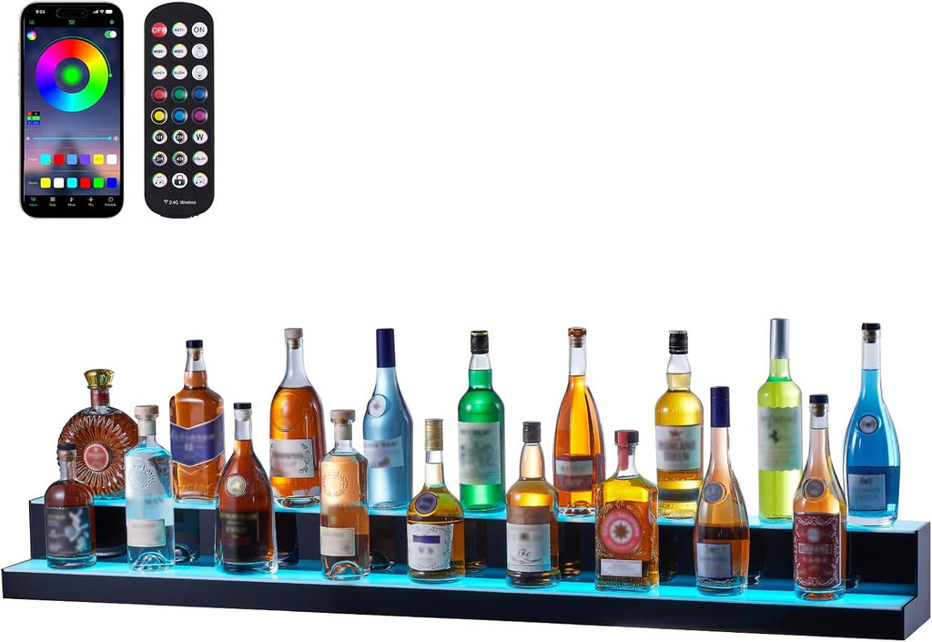 VEVOR LED Lighted Liquor Bottle Display, 2 Tiers 60 Inch Commercial Illuminated Home Bar Shelf, 2 Steps Whiskey Rack Stand, Acrylic Drink Shelves with RF Remote & App Control, and Multicolor Light