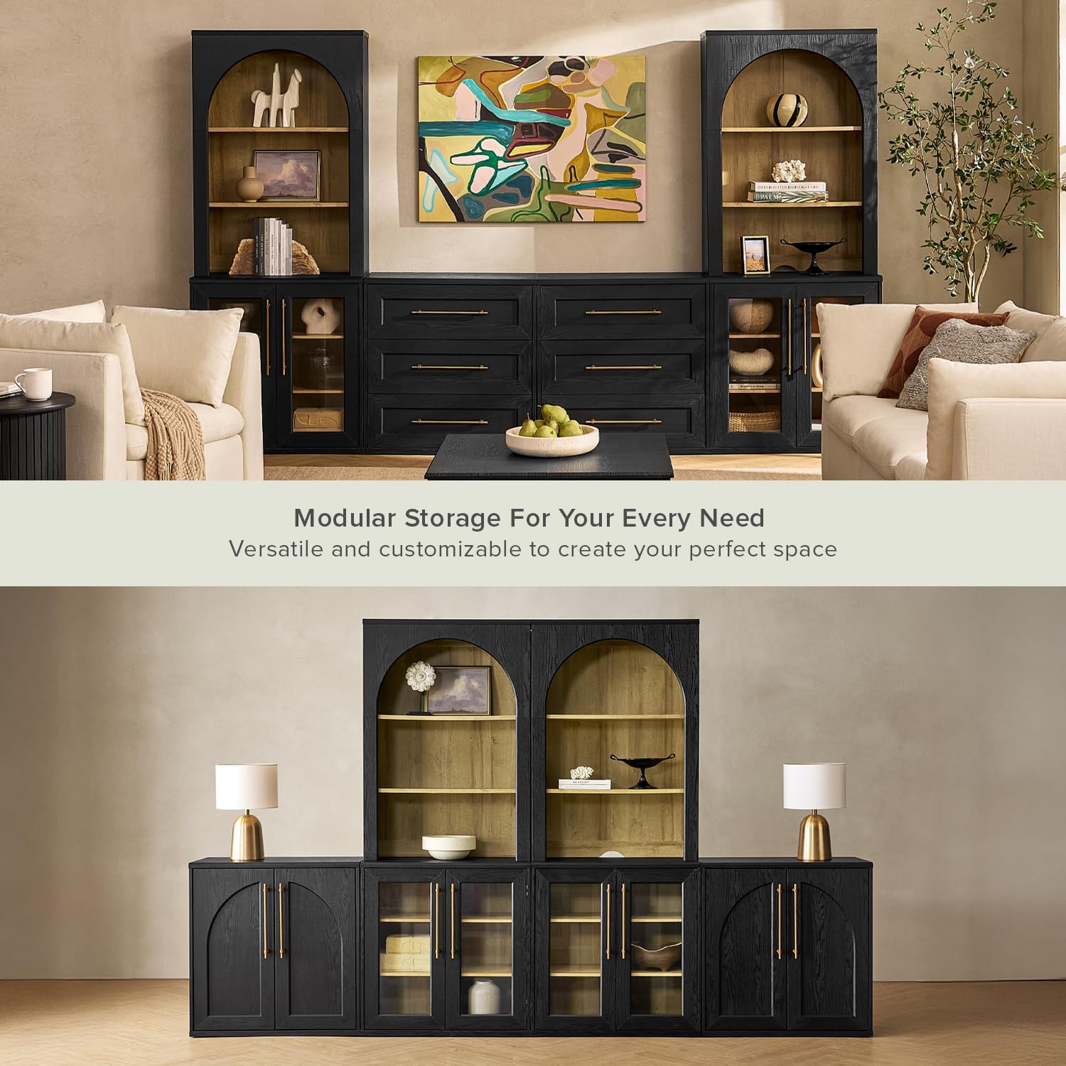 mopio Blake Storage Cabinet with Hutch, Sideboard Buffet Cabinet with Storage, Kitchen Pantry Organizer, Coffee Bar Station, Trophy Display Case with Door & Shelf for Living Room (Black Oak Acrylic)