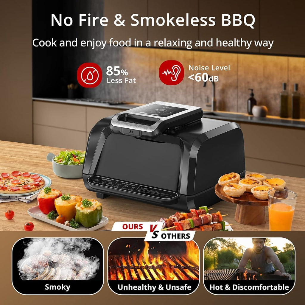 Indoor Grill Air Fryer Combo with See-Through Window, 7-in-1 Smokeless Electric Air Grill up to 450°F, 3000W Contact Grill with Non-Stick Removable Plates, Even Heat, Silicon Tongs as Gift, 4Qt