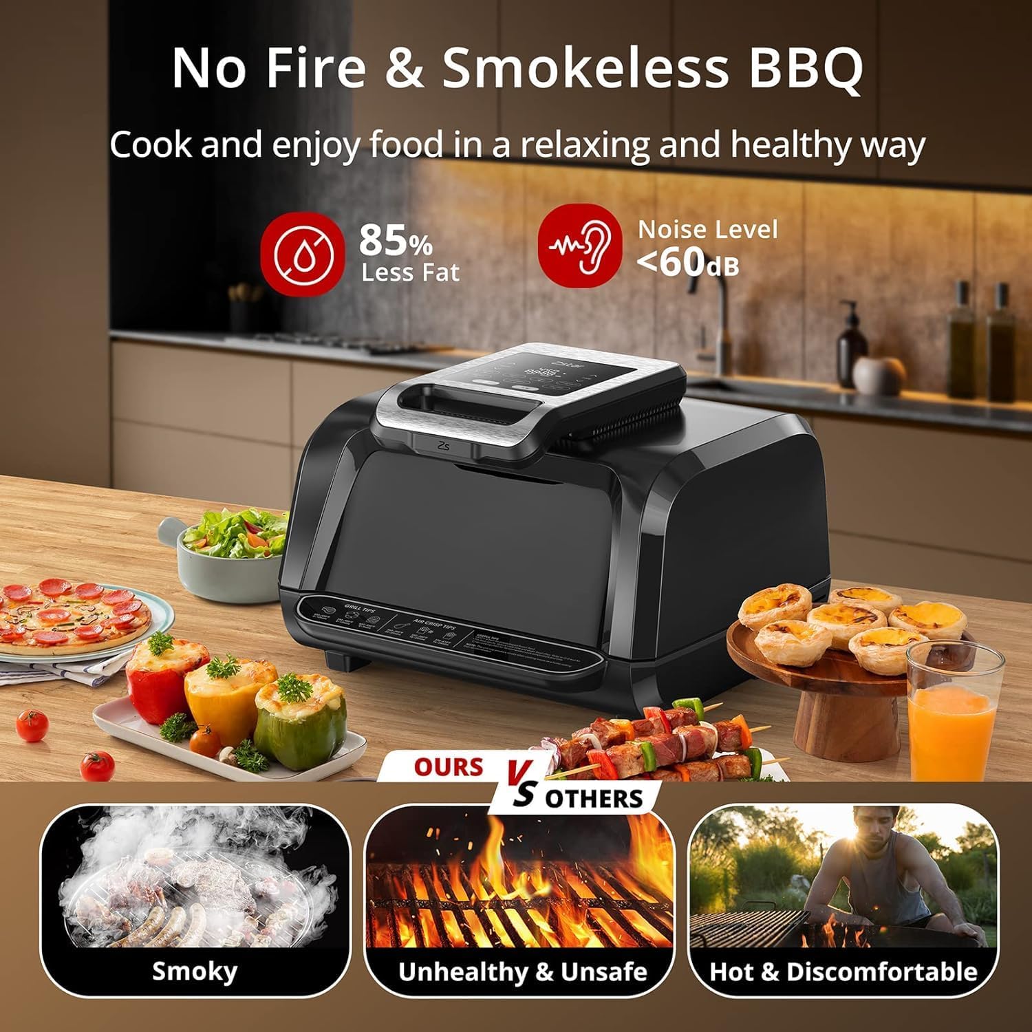 Indoor Grill Air Fryer Combo with See-Through Window, 7-in-1 Smokeless Electric Air Grill up to 450°F, 3000W Contact Grill with Non-Stick Removable Plates, Even Heat, Silicon Tongs as Gift, 4Qt